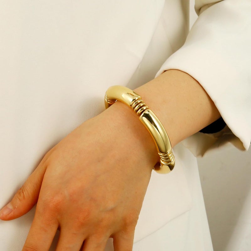 Badu Gold Chunky Bangles Bracelets For Women 14k Gold Plated Stack Layered Curved Bamboo Tube Stretch Bracelets Gift Jewelry - Image 3